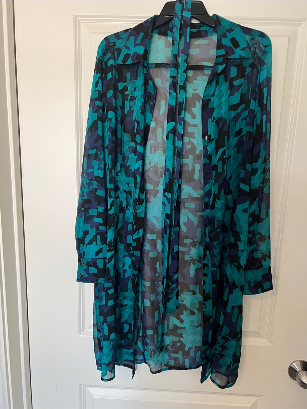 The Limited Teal & Navy Sheer Printed Longline Jacket